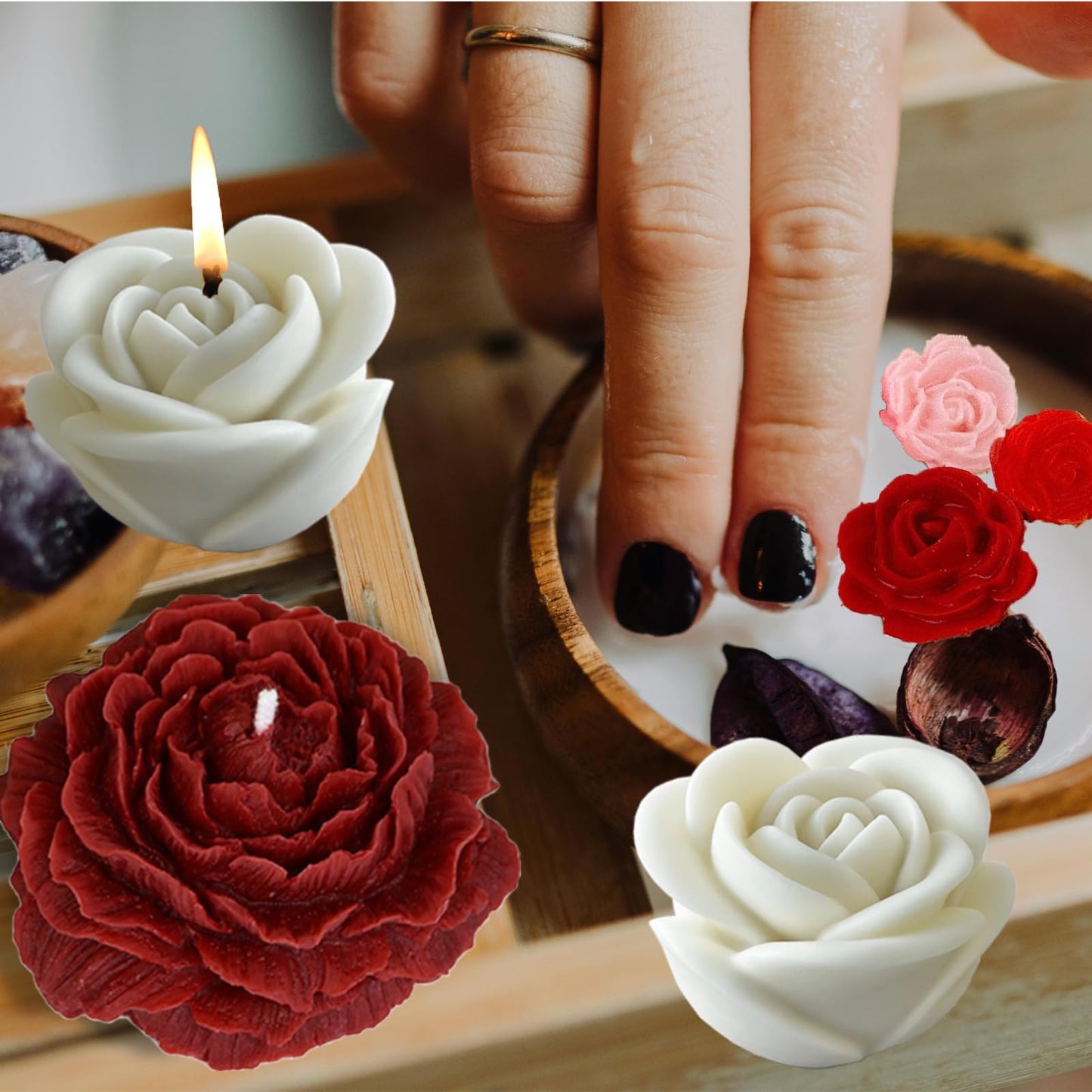 2 Rose Flowers Silicone molds(2 Styles) 2 Peony Mold (3.54 inch + 2.55 inch) Flower Silicone Candle Molds with Large-Eye Wicking Needle Candlewick for Candle Home Décor Handmade Gift Epoxy Resin Soap