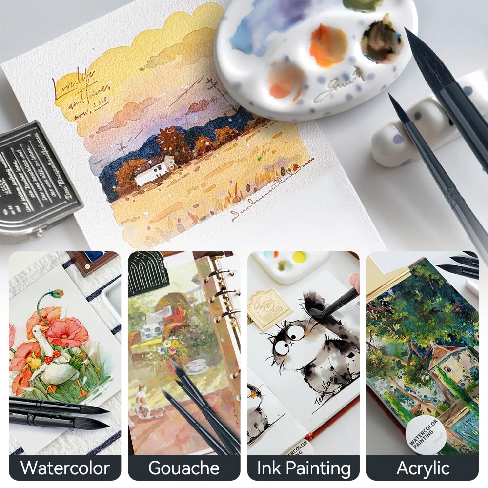 Transon 8pcs Round Watercolor Paint Brush Set Goat Hair for Watercolors,Acrylics,Inks,Gouache,Oil and Tempera Black Color