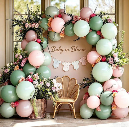 Pink Green Balloon Arch with Artificial Flowers Double Stuffed Dusty Light Pink Sage Green Balloon Garland Kit Eucalyptus Leaves for Baby in Bloom Birthday Bridal Shower Wildflower Party Decorations