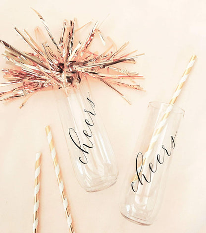 ModParty Cheers Flutes - Set of 12, Wedding Reception, Bachelorette Party, Shatterproof Plastic Cups