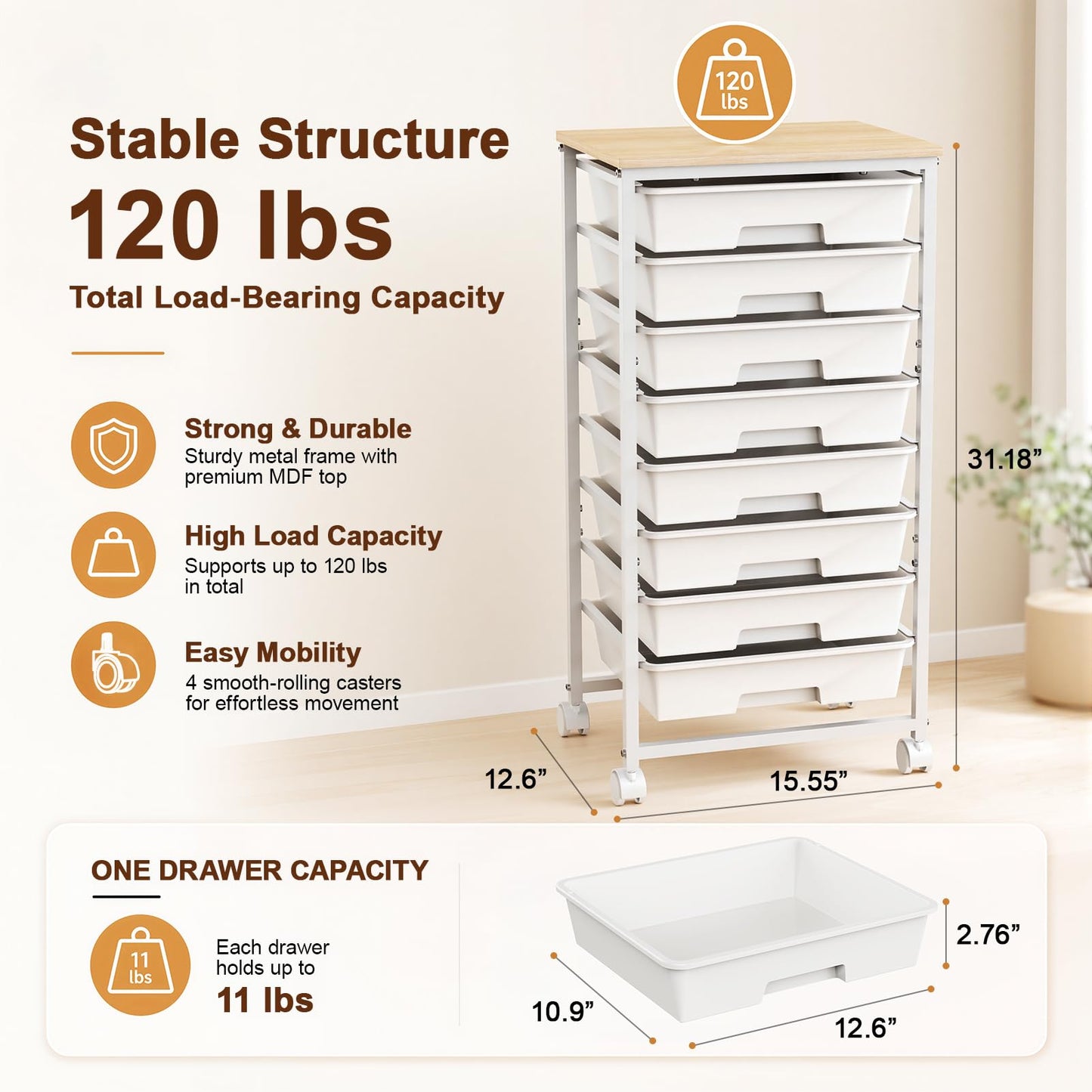 LEHOM Rolling Storage Cart with 8 Drawers, Utility Cart on Wheels with Metal Frame and Wooden Tabletop for Living Room Bedroom Dorm, Office Storage & Art Supply Craft Organizer for Classroom