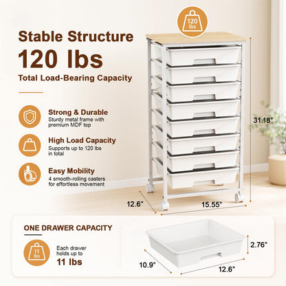 LEHOM Rolling Storage Cart with 8 Drawers, Utility Cart on Wheels with Metal Frame and Wooden Tabletop for Living Room Bedroom Dorm, Office Storage & Art Supply Craft Organizer for Classroom