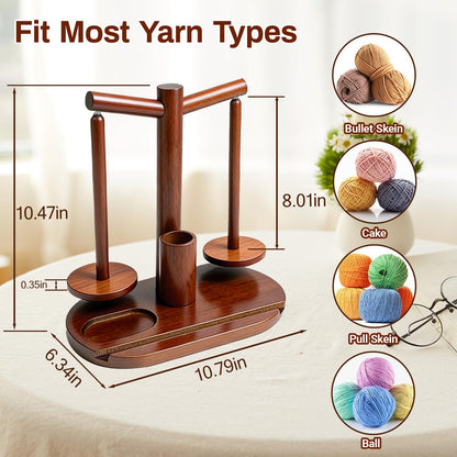 Lemosyu Wooden Yarn Holder for Crocheting and Knitting, Magnetic Rotating Yarn Spinner with 2 Spindles, Crochet Accessories Storage & Phone Stand, Perfect Gift for Knitters, Women, Mom, Grandma