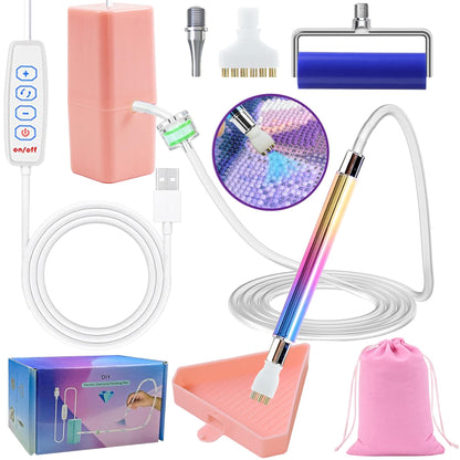 Diamond Art Painting Vacuum Pen Kit, Electric Diamond Art Pen with Screw Multiplacers, Roller, Storage Tray, No Wax Needed Diamond Art Accessories DIY 5D Art Craft Jewelry Bead Rhinestones (Pink)