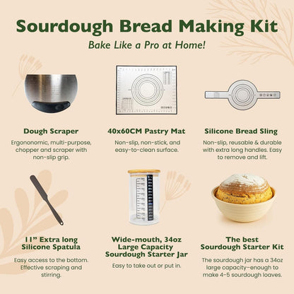 Helena Vitalit Set 10" 9" Bannetons,1000ml Sourdough Starter Kit Bread Baking with Oval & Round Silicone Starter Jar