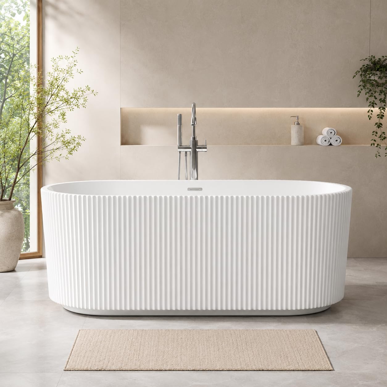 59" Acrylic Freestanding Soaking Bathtub, Deep Ergonomic Design with Lumbar Support, Integrated Overflow Drain, Non-Slip Base,cUPC Certified Modern Bathroom Tub, Easy Installation for Bathroom