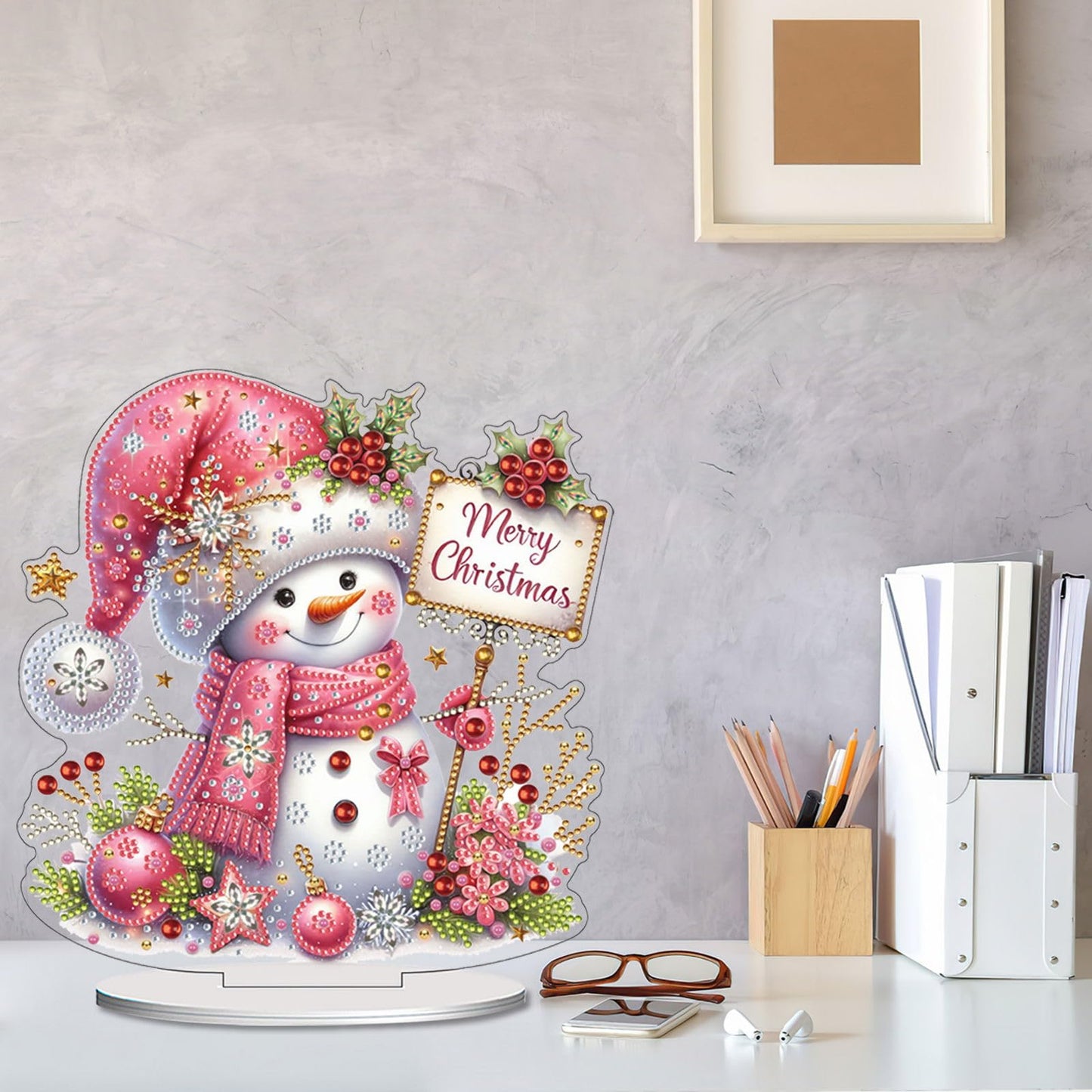 VODAPYC Christmas Diamond Art Tabletop Painting Kits, DIY Stand Up Double Sided Special Shaped Diamond Painting Desktop Ornament(Snowman-01)