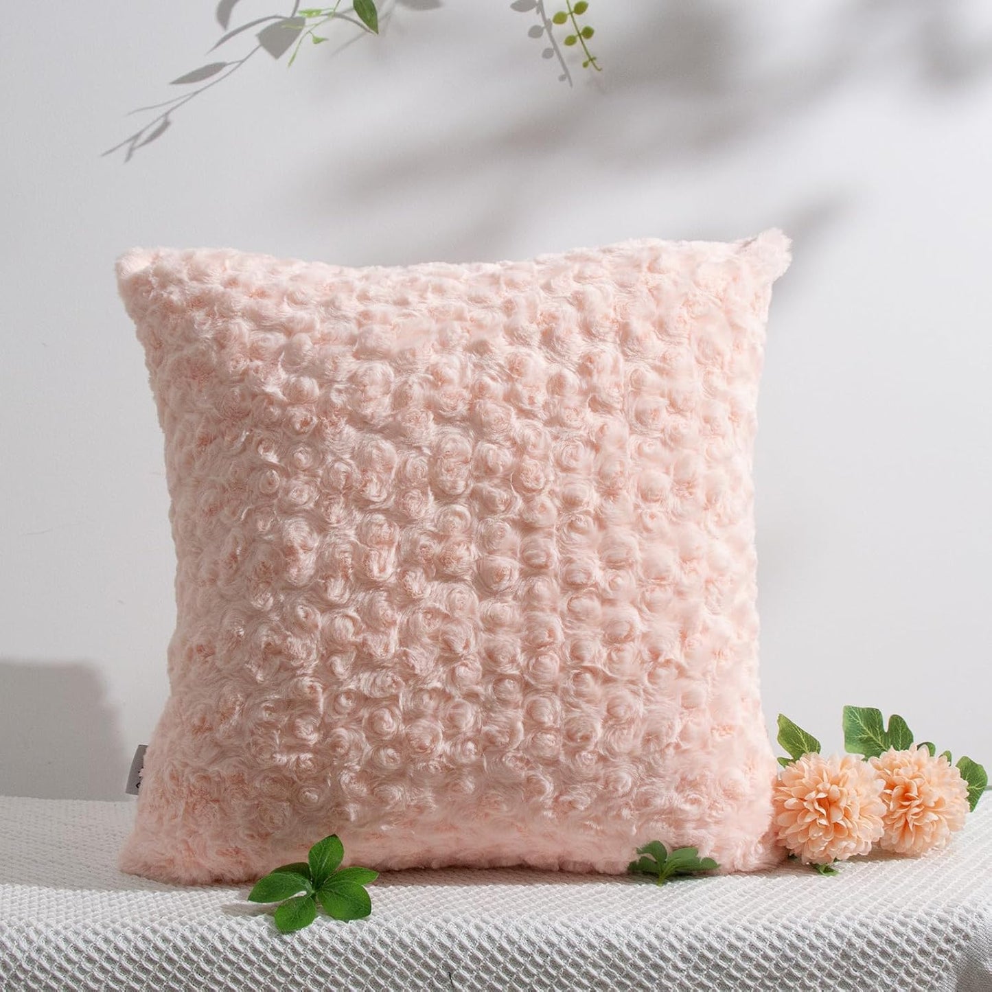 18"x18" 600g 6D Cozy Peach Pink Square Throw Pillow with Insert Decorative Cushion Faux Rabbit Fur + Plush PP Cotton