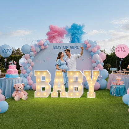 3FT Baby Marquee Letters, Large Light Up BABY Sign for Backdrop Baby Shower Decorations, 3 Feet Tall Big Light Up Letters for Girl Boy Gender Reveal Party Decor, Pre-Cut Foam Board Kit, 4 Pcs