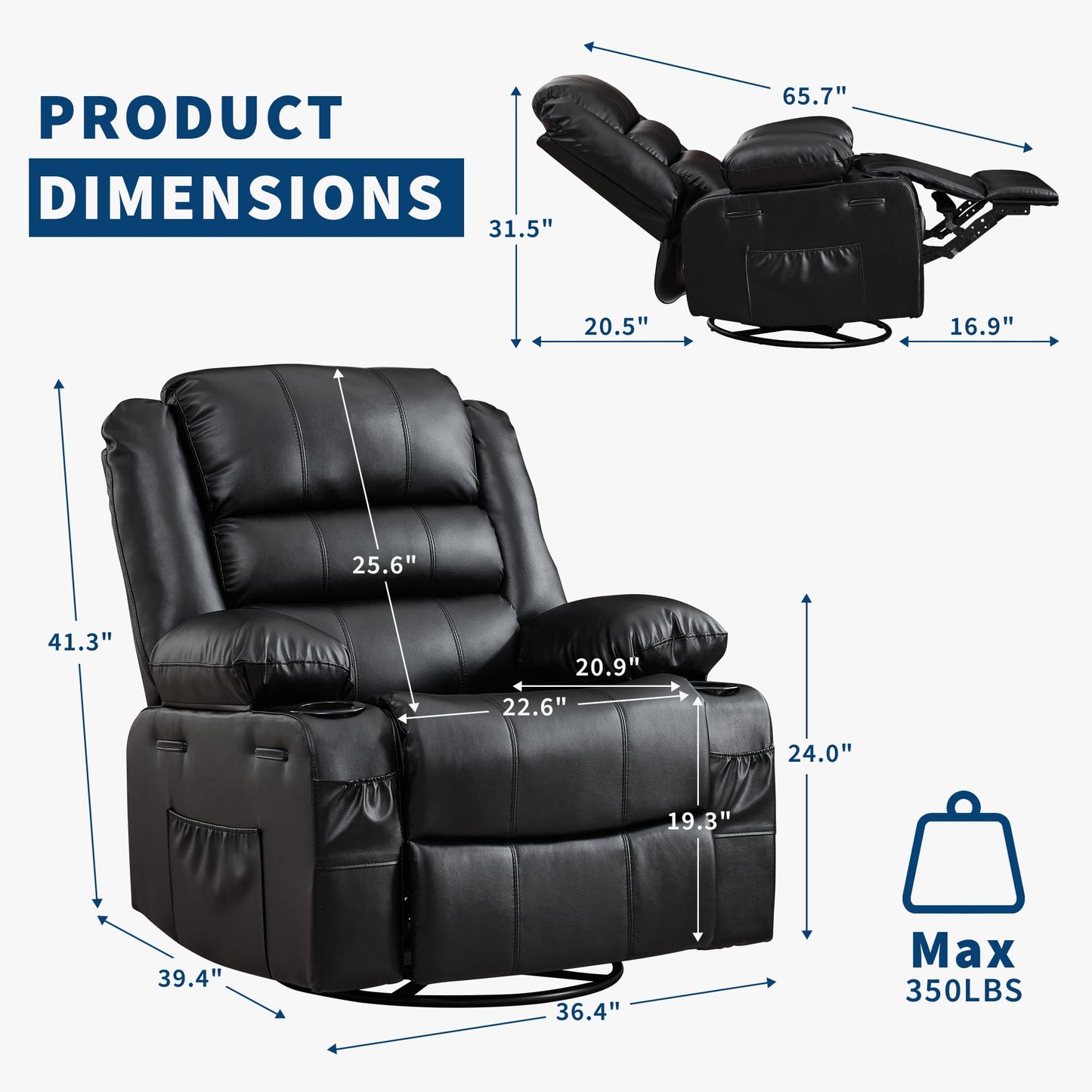 Rocker Recliner Chair for Adults Manual 360° Swivel Single Sofa Seat Glider Chair with 3 Positions 2 Side Pockets Cup Holders PU Fabric for Living Room Nursery Office