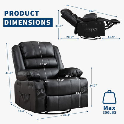 Rocker Recliner Chair for Adults Manual 360° Swivel Single Sofa Seat Glider Chair with 3 Positions 2 Side Pockets Cup Holders PU Fabric for Living Room Nursery Office