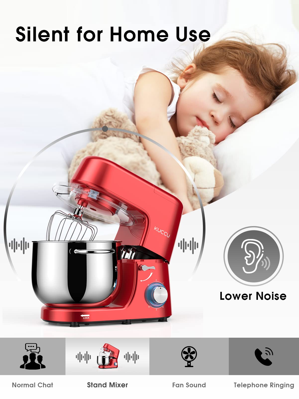 9.5 QT Double Handle KUCCU Stand Mixer, 6 Speed with Pulse Electric Kitchen Mixer, 660W Tilt-Head Food Mixer with Dishwasher-Safe Dough Hook, Flat Beater, Whisk, Splash Guard for home baking (Silver)