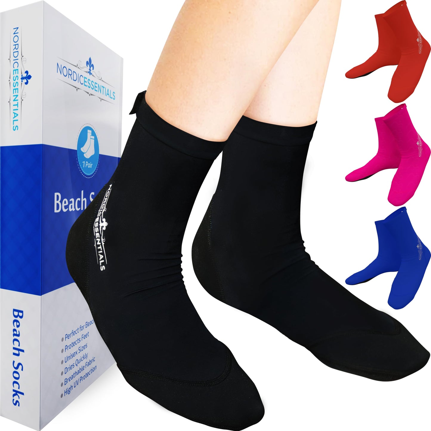 Nordic Essentials Aqua Beach Socks - 1 Pair - For Sand Soccer, Volleyball, Swim, Diving, Snorkel Equipment for Men, Women, Kids, Youth - Neoprene Lycra Waterproof Booties - Sun Protection S - Black