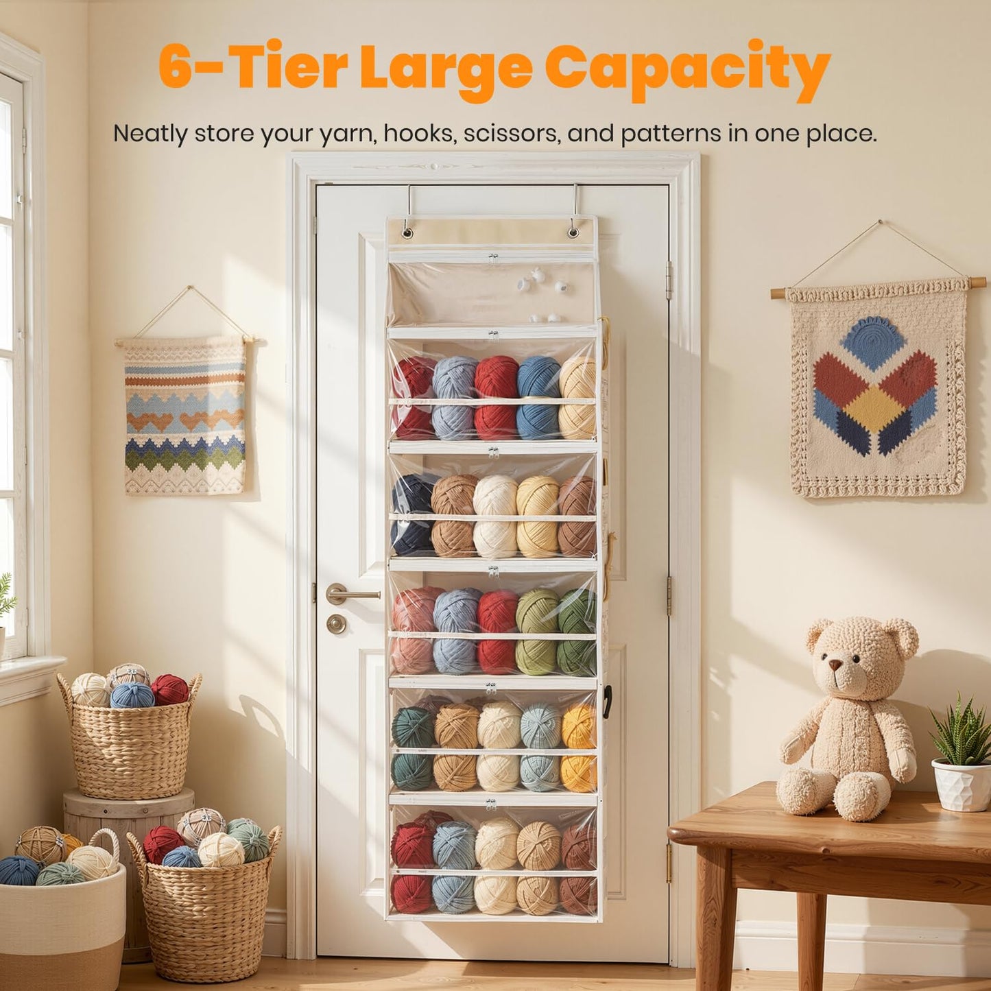 LASTORA Heavy-Duty Oxford Hanging Yarn Storage Organizer with 6 Tiers, Odorless Over the Door Yarn Holder for Crochet and Knitting Lovers, 5 Large Pockets + 1 Tool Section