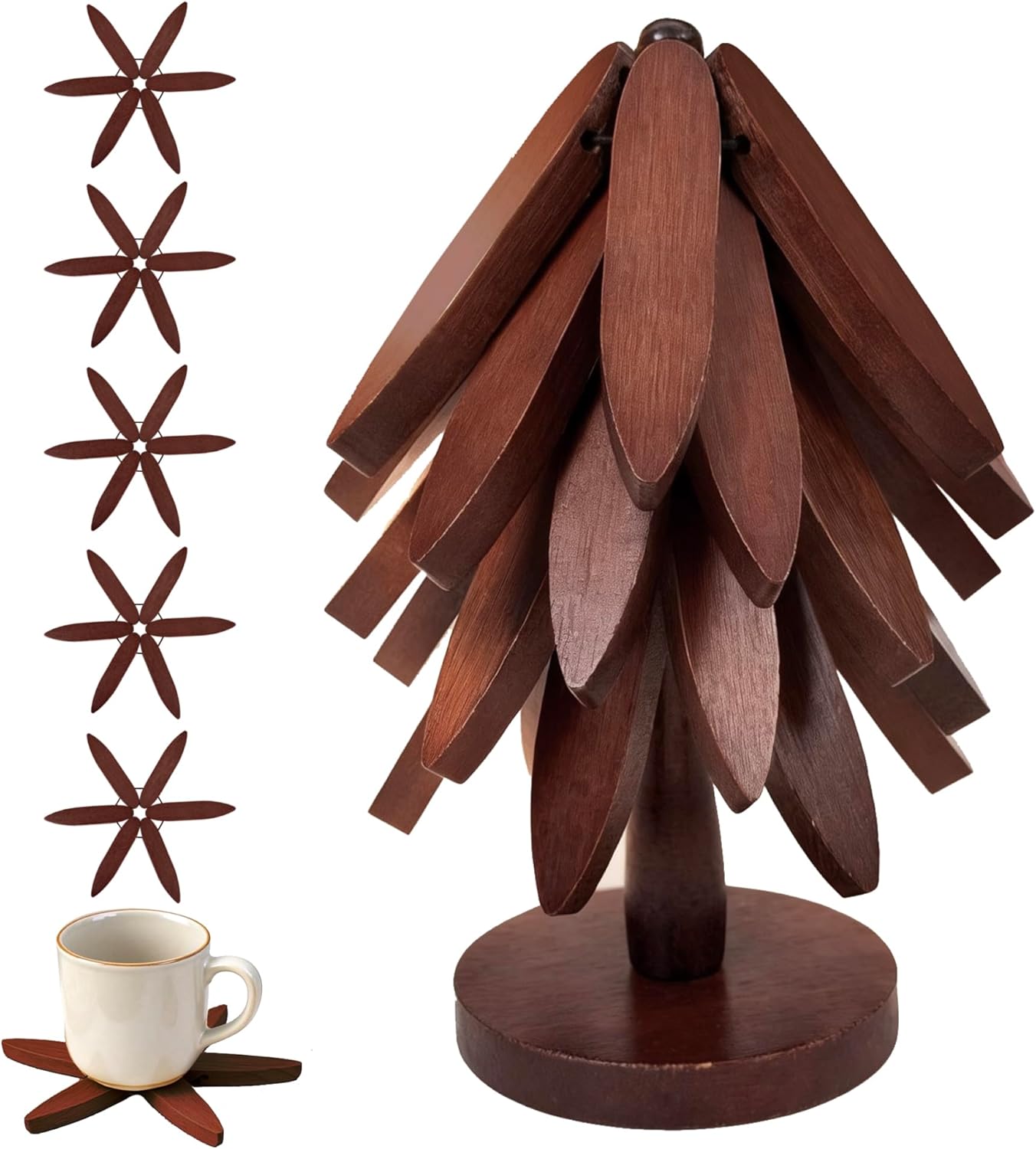 Buanson 5 1 Wooden Tree Trivets for Hot Dishes, Foldable Kitchen Wooden Trivet for Pan, Pot, Bowl, Teapot, Hot Pot