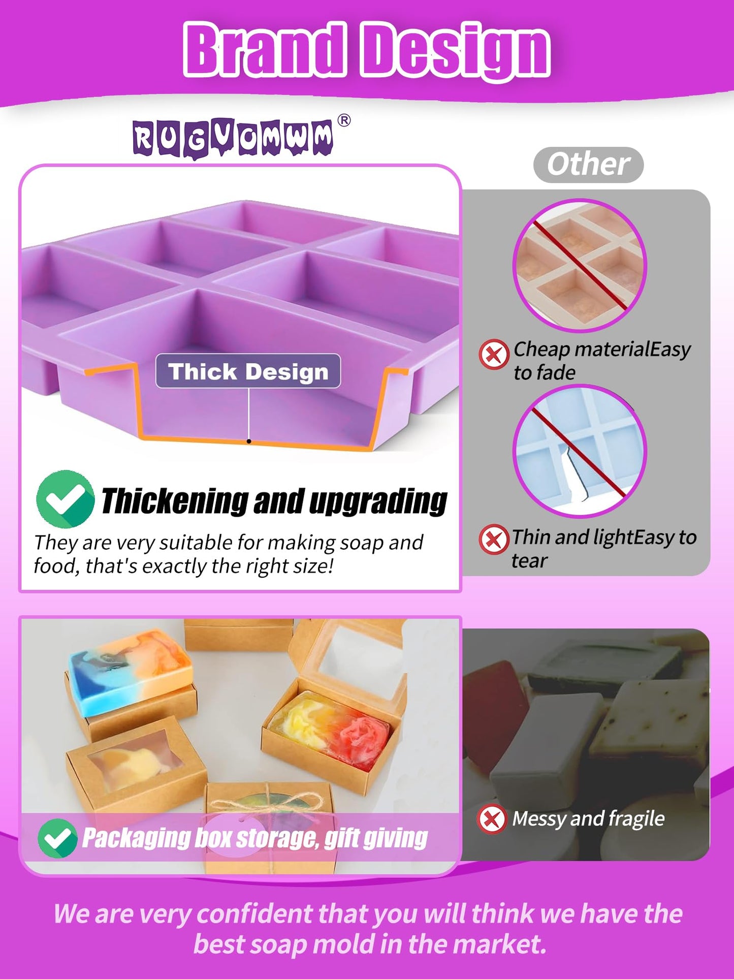 Silicone Soap Molds Set of 3, with 10 Soap Boxes for Homemade Soap,DIY Rectangle Soap Molds for Soap Making, 6 Cavity Mold for Craft Soap Mold, Chocolate & Ice Cube Trays(Blue, Purple & Pink)