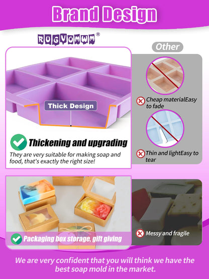 Silicone Soap Molds Set of 3, with 10 Soap Boxes for Homemade Soap,DIY Rectangle Soap Molds for Soap Making, 6 Cavity Mold for Craft Soap Mold, Chocolate & Ice Cube Trays(Blue, Purple & Pink)