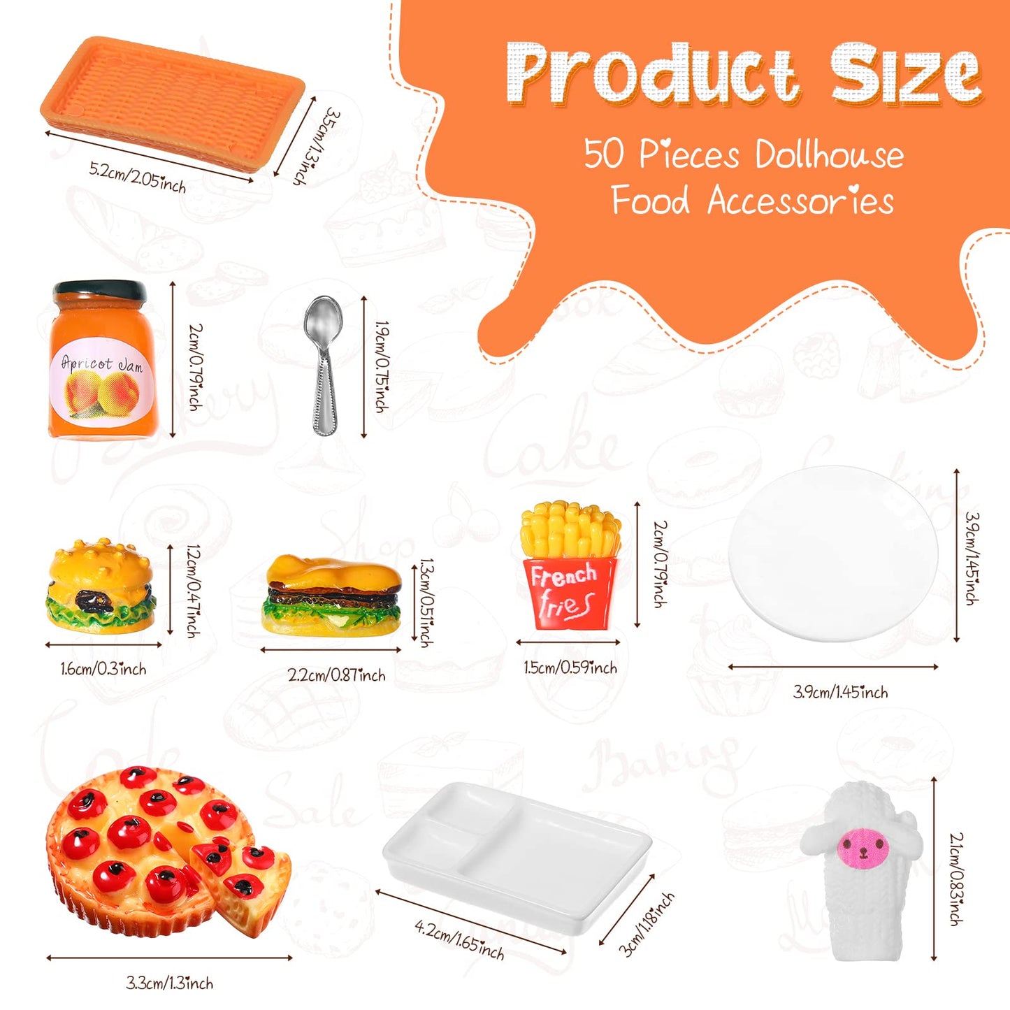 Civaner 50 Pieces Dollhouse Miniature Fast Food Accessories Set Christmas Mini Food Mixed Resin Drink Mini Hamburger Fries Juice Milk Bread Jam Cup Doll Kitchen Pretend for 1:12 Dollhouse