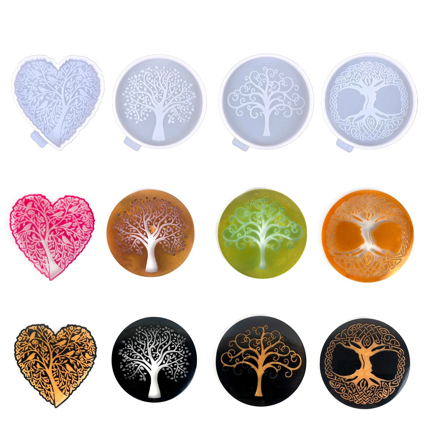 Tree of Life Silicone Resin kit, Round and Heart Coaster Resin molds Silicone, 4-Piece Epoxy Molds for Cup Mats, Table Decorations