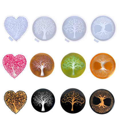 Tree of Life Silicone Resin kit, Round and Heart Coaster Resin molds Silicone, 4-Piece Epoxy Molds for Cup Mats, Table Decorations