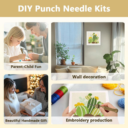 Doodlream Cartoon Cactus DIY Punch Needle Embroidery Kit for Adult Beginner, 9.4" Cactus Punch Stitching Craft Set for Starter with Frame, Fabric Pattern, Threader, Yarn, Pinch Needle