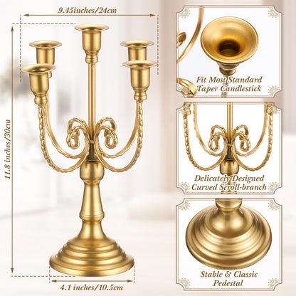 Rtteri 6 Pcs Gold Candelabra Candlestick Holder Metal Candle Stand Candelabra for Taper Candles Table Centerpieces Wedding Christmas Holiday Birthday Party (11.8 x 9.45 x 4.1 Inch,5 Arm)