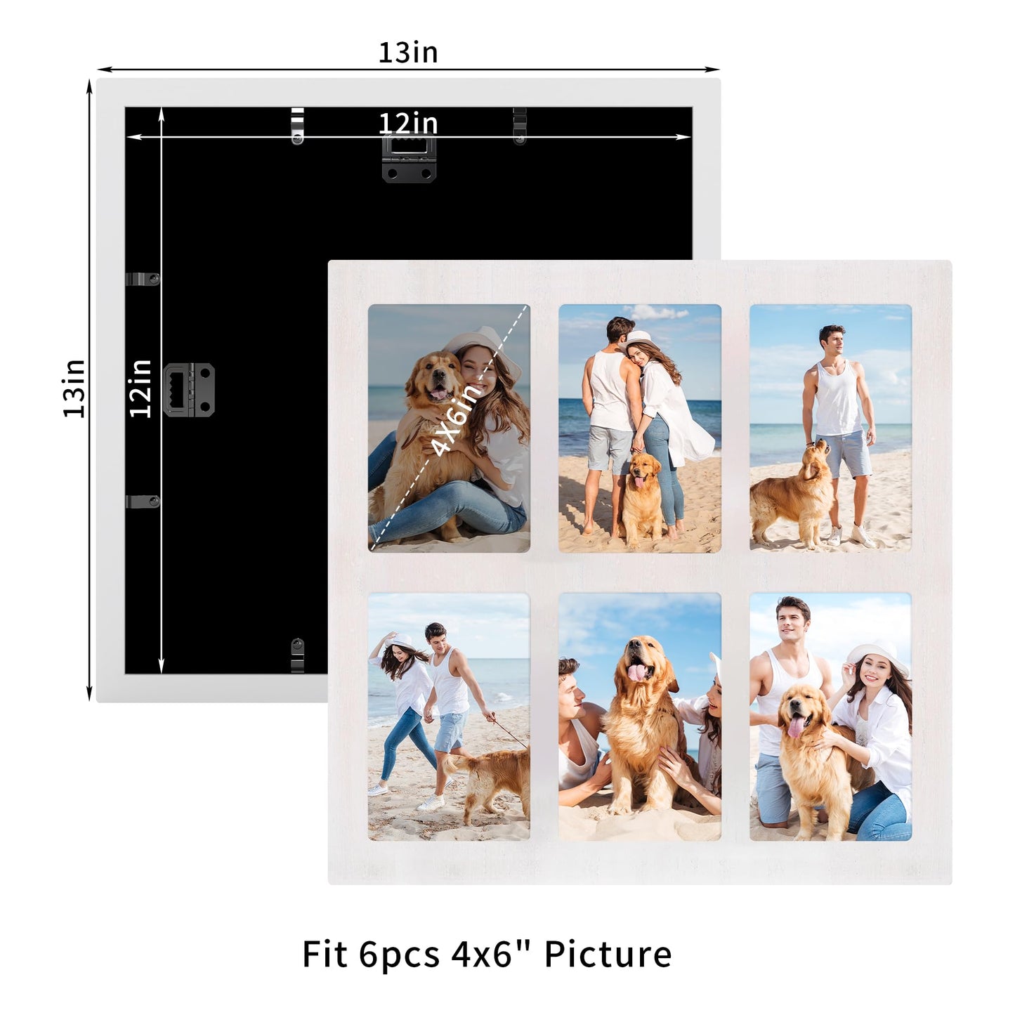 YESKAY 4x6 Picture Frame Collage,4 x 6 Multiple Photo Collage with Tempered Glass,6 Opening 4 by 6 Rustic White Family Picture Frames for Wall Decor 1 Pack(OD:13X13in)