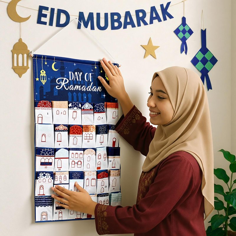 Fanfanwin Ramadan Countdown Calendar Fabric 30 Days Mystery Eid Countdown Calendar House Design Ramadan Wall Decor with 30 Pockets Blue Eid Mubarak Poster Gift for Home Wall Decor