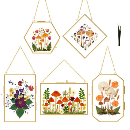 BABUFINE Pressed Flower Frames with Tweezers, Wall Hanging Double Glass Picture Frames with Chain for Dried Flowers Plants Wall Decor,Only Frame (Gold-5PCS)
