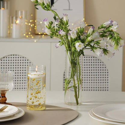 PNJHDZ Set of 12 Glass Cylinder Vases for Centerpieces with 8 Pack Vase filler 12 Pearl String 24 White Floating Candles for Centerpieces, Table Center pieces for Wedding Party Home Decor 5, 6, 8 Inch