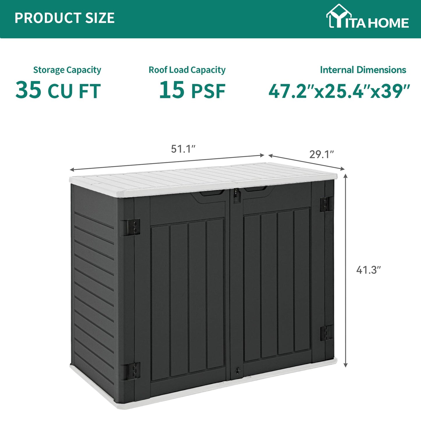 YITAHOME Outdoor Horizontal Storage Sheds w/o Shelf, Weatherproof Resin Tool Shed, Multi-Opening Door for Storage of Bike, Trash Cans, Garden Tools, 35 cu ft, Waterproof, Lockable, Dark Gray