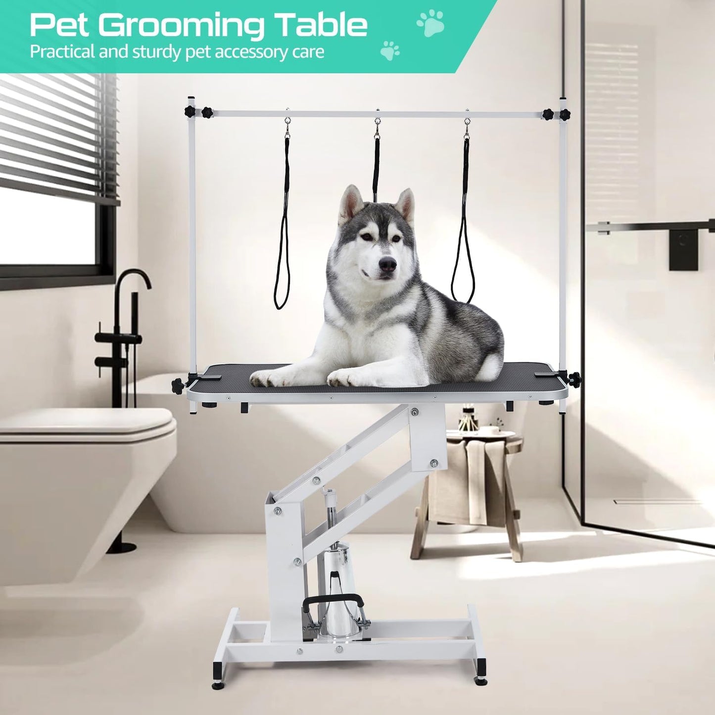 GarveeHome 43.6 in Pet Grooming Table for Large Dogs, Heavy Duty Height Adjustable Dog Grooming Table With Overhead Arm & Noose Height Range 22 in -39 in, Maximum Capacity Up to 350 LBS, White