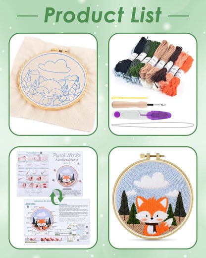 ERKOON Punch Needle Kit for Beginners Adults, DIY Easy Animal Embroidery Set for Starter Art Craft, Needling Punch Project with Patterns, Tools, Yarns, Hoop, Instruction (Fox)