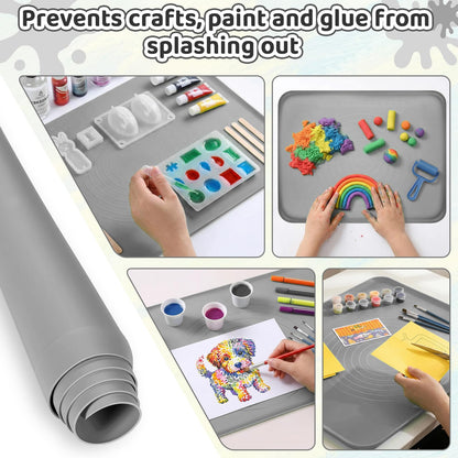 Extra Large Silicone Painting Mat for Crafts, 24”x 19” Waterproof Art Mat with Raised Sides for Paint, Clay Playdough, & Jewelry-Making (Grey)