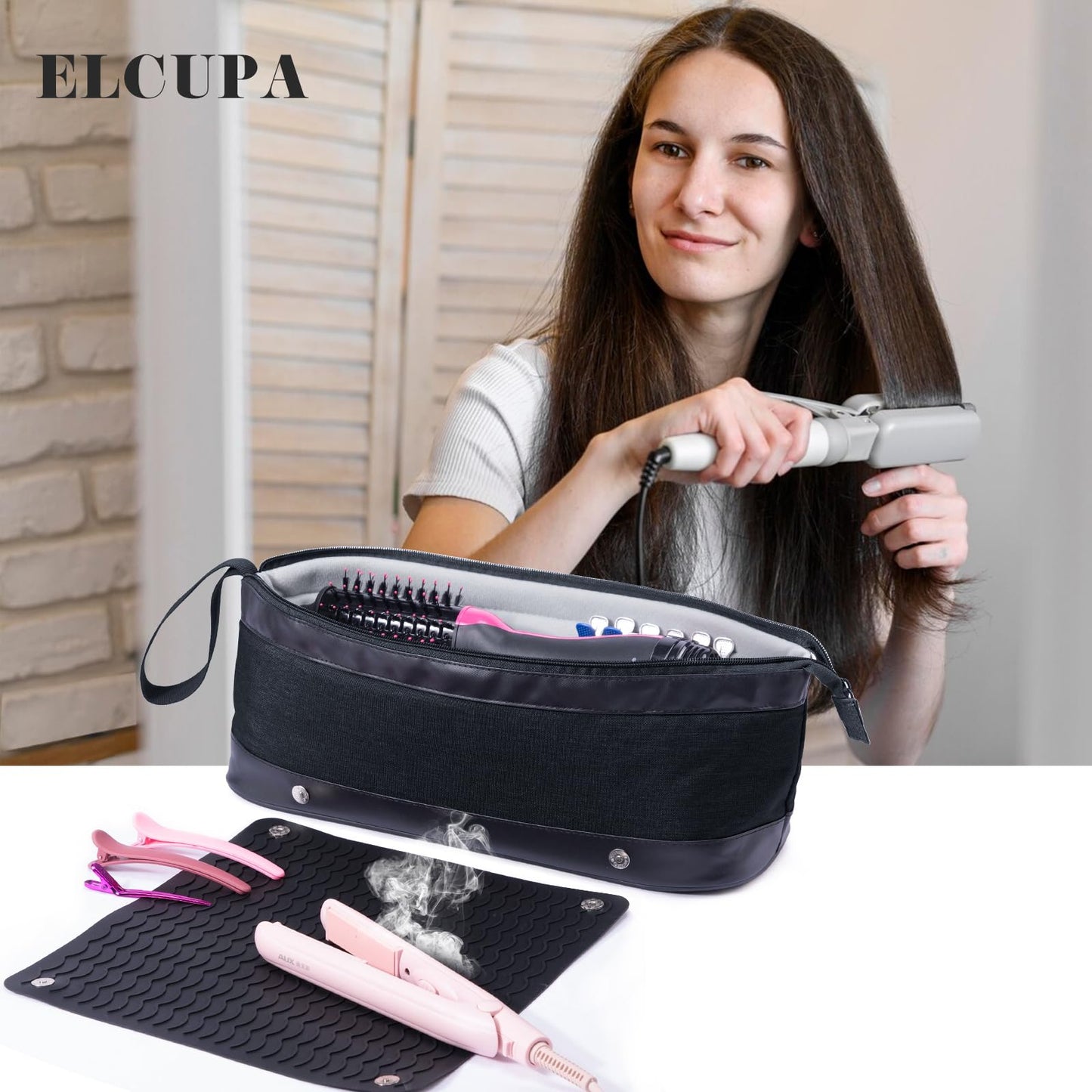 Large Hair Tools Travel Bag with Iron Mat - 2in1 Hair Tools Organizer for Hair Dryer Brush, Flat Irons, Straighteners, Curling Irons, Hair Bag, Makeup Bag, Cosmetic Bag for Travel Essentials