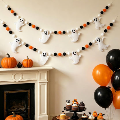 Whaline 6.6 Ft Halloween Theme Banner Different Expressions Cute Ghosts Banner Black White Orange Party Banner Felt Ball Garland for Halloween Haunted Houses Decors Doorways Home Mantel Suppliers