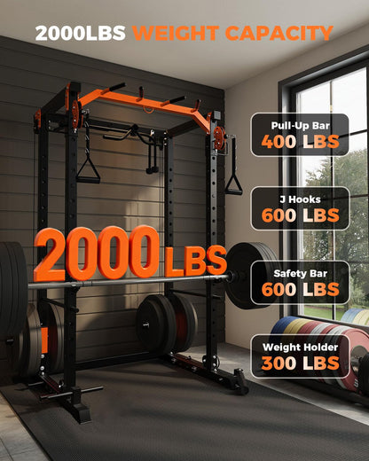 Power Cage, Power Rack with Cable Crossover System, 2000LBS Squat Rack with LAT Pull Down System, Workout Cage with Pulley System for Fitness Home Gym Strength Training, Orange & Black