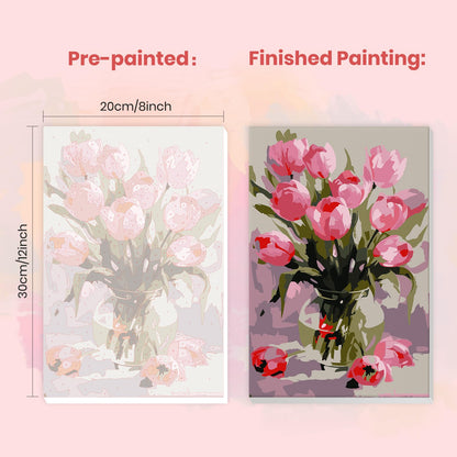MXJSUA Pink Tulips Framed Paint by Numbers Kit for Adults Beginner with Wooden Easel, Adults' Paint-by-Numbers on Canvas, Easy DIY Acrylic Number Painting for Home Decor Gifts, 8x12 inch