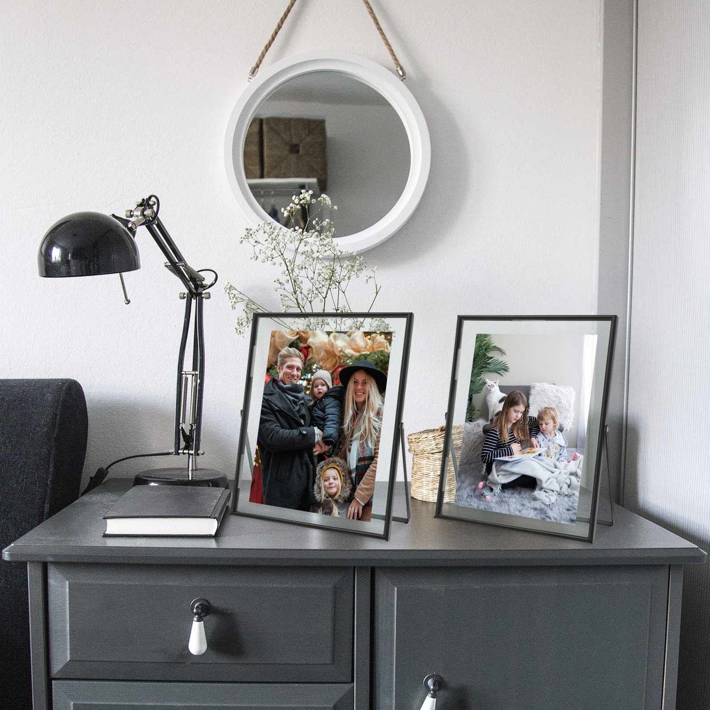 Qiannhee 8x10 Floating Frames Set of 2, Double Glass Desktop Picture Frames, Holds Multiple Photo Sizes, Photo Frame with Metal Stand