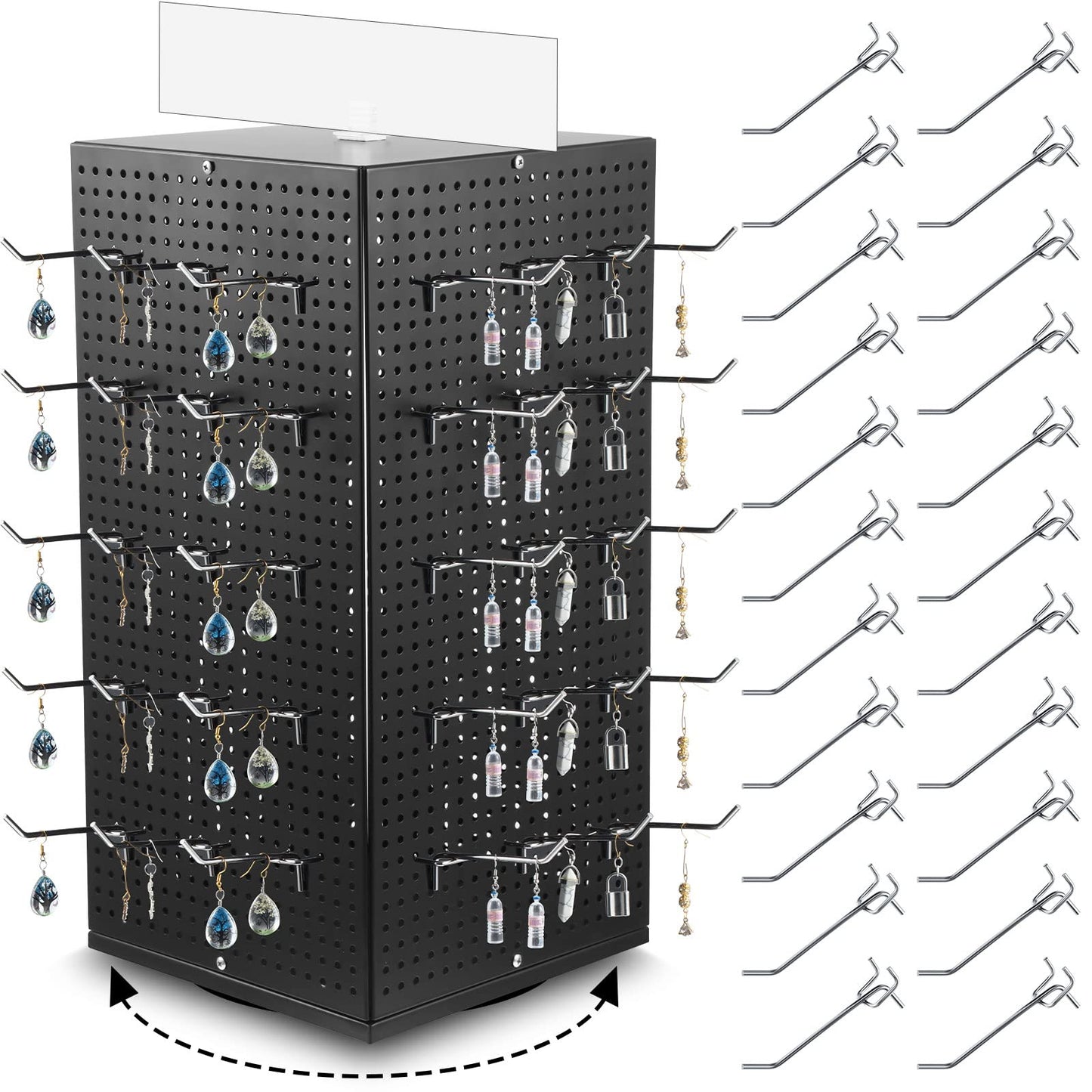 Geelin Metal Pegboard Display with Pegboard Hooks, 9.8 x 9.8 x 20.5 In Rotating Display Stand Display Racks for Craft Shows Pegboard Organizer with Peg Hooks for Jewelry Organizing Retail (Black)
