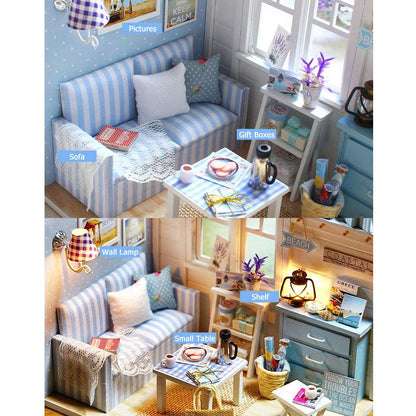 TuKIIE DIY Miniature Dollhouse Kit with Furniture, 1:24 Scale Creative Room Mini Wooden Doll House Accessories Plus Dust Proof for Kids Teens Adults(Beach Cottage)