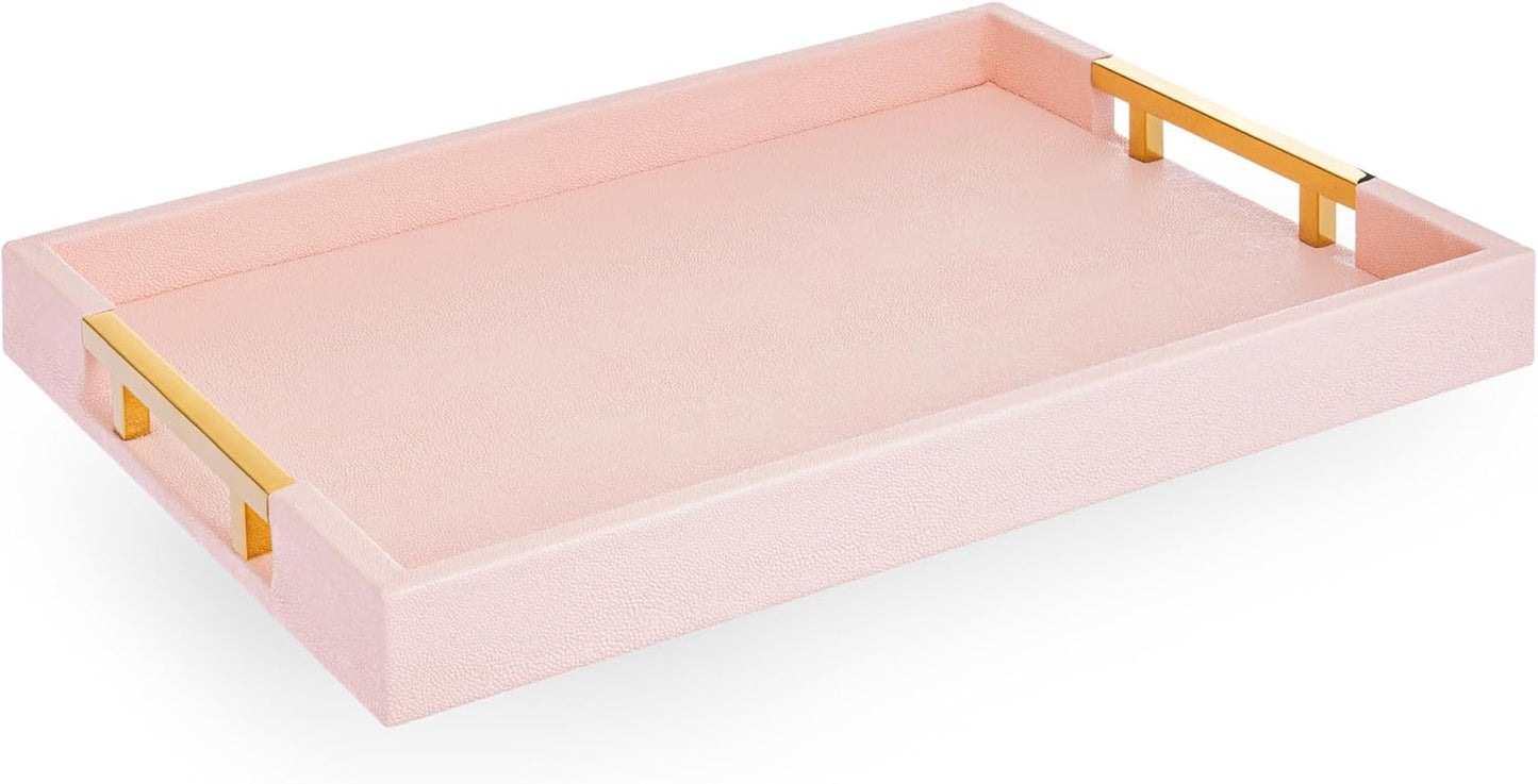17.5"x12" Home Redefined Modern Elegant Rectangle Baby Pink Tray Glossy Shagreen Faux Leather Decorative Ottoman Coffee
