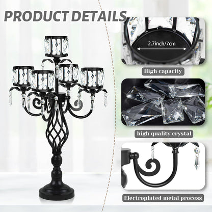 23.2 inch Tall Elegant and Chic 5 Arm Pendant Crystal Candlestick Holder Table Decoration tealight Candle Holder, Candelabra for Gorgeous Wedding/Parties Table Centerpiece (1, Black)