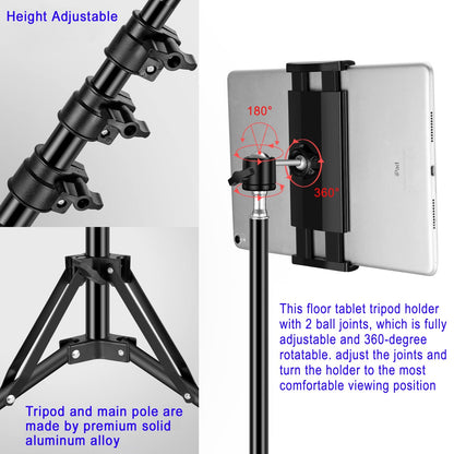 SAMHOUSING Ipad Tripod Stand, with 65 inch Height Adjustable iPad Stand Holder & iPad Floor Stand with 360° Rotating iPad Tripod Mount for iPad Pro, iPhone, Kindle, and All 4.5-12.9 Inch Tablets
