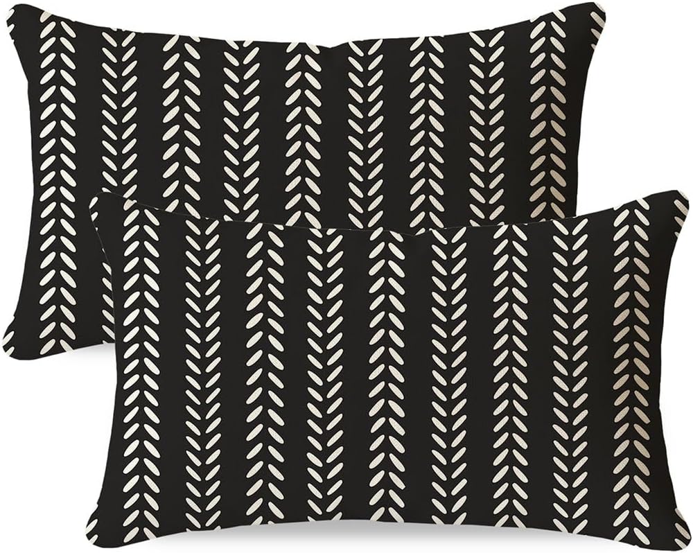 12x20 Set 2, PANDICORN Outdoor Lumbar Throw Pillow Covers of Black Geometric Chevron Herringbone Striped Pattern