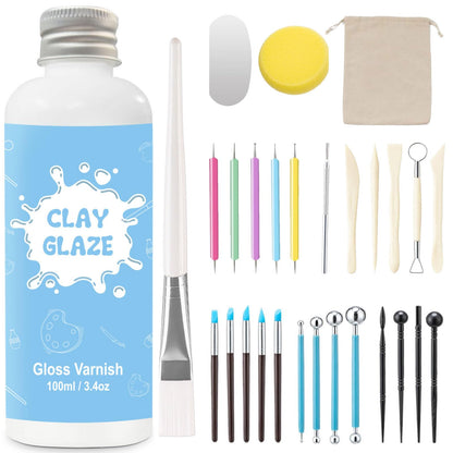 EIGTWEN 100ml Air Dry Clay Glaze and 29pcs Clay tools kit, Gloss Clay Varnish Protects Clay from Surface Wear, Pottery Tools Can be Used for Stippling, Carving, Molding, and Shaping Clay Crafts(Gloss)