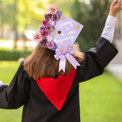 MotiMind 41 Pcs Purple DIY Graduation Cap Decoration Kit, Grad Cap Decorations Grad Hat Topper Faux Assorted Flowers Bows 3D Cream Construction Paper Butterfly Stickers Pearl Adhesive Dots