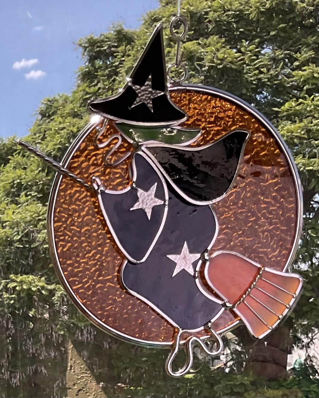 Moon Witch on Broom Suncatcher – Real Stained Glass Halloween Decor – Silver Finish – 7x6 Inches – from Juhlin Glass Studio
