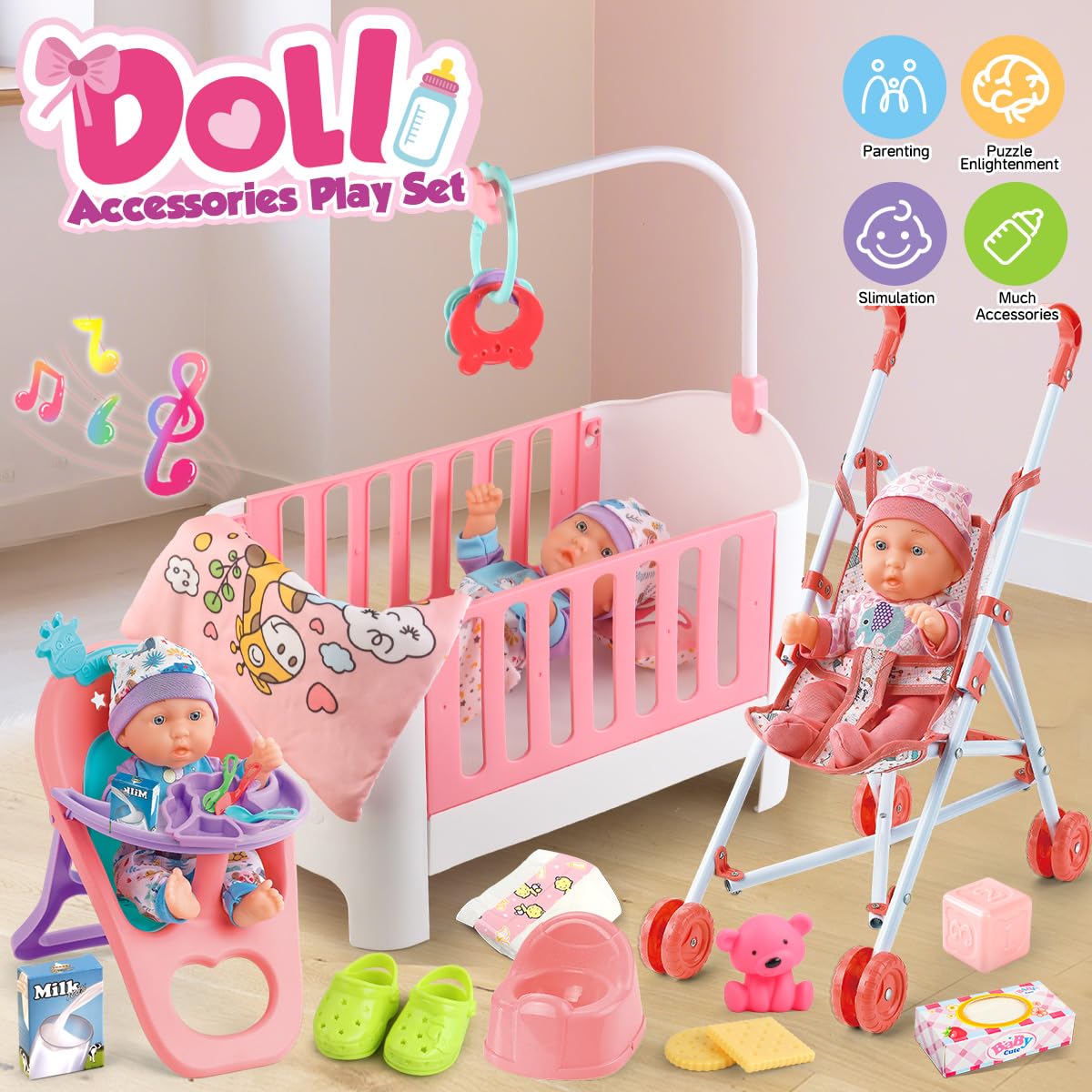 Baby Doll Crib and Stroller Accessories Play Set with 11" Baby Doll,Dining Chair,24 PCS Dolls Accessories and 2 Sets Clothes,Realistic Pretend Play for Girls Kids 3-5 4-6 5-7 Year Gifts