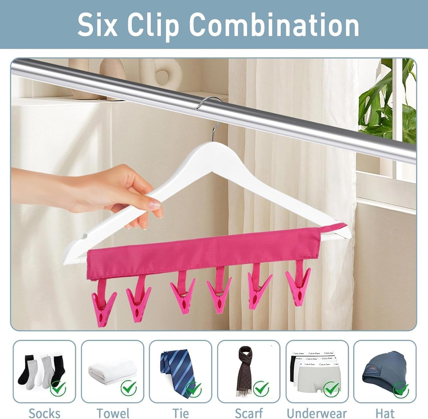 TamBee Travel Hangers, Foldable Portable Clothes Drying Hanger with 6 Clips, Pack of 3
